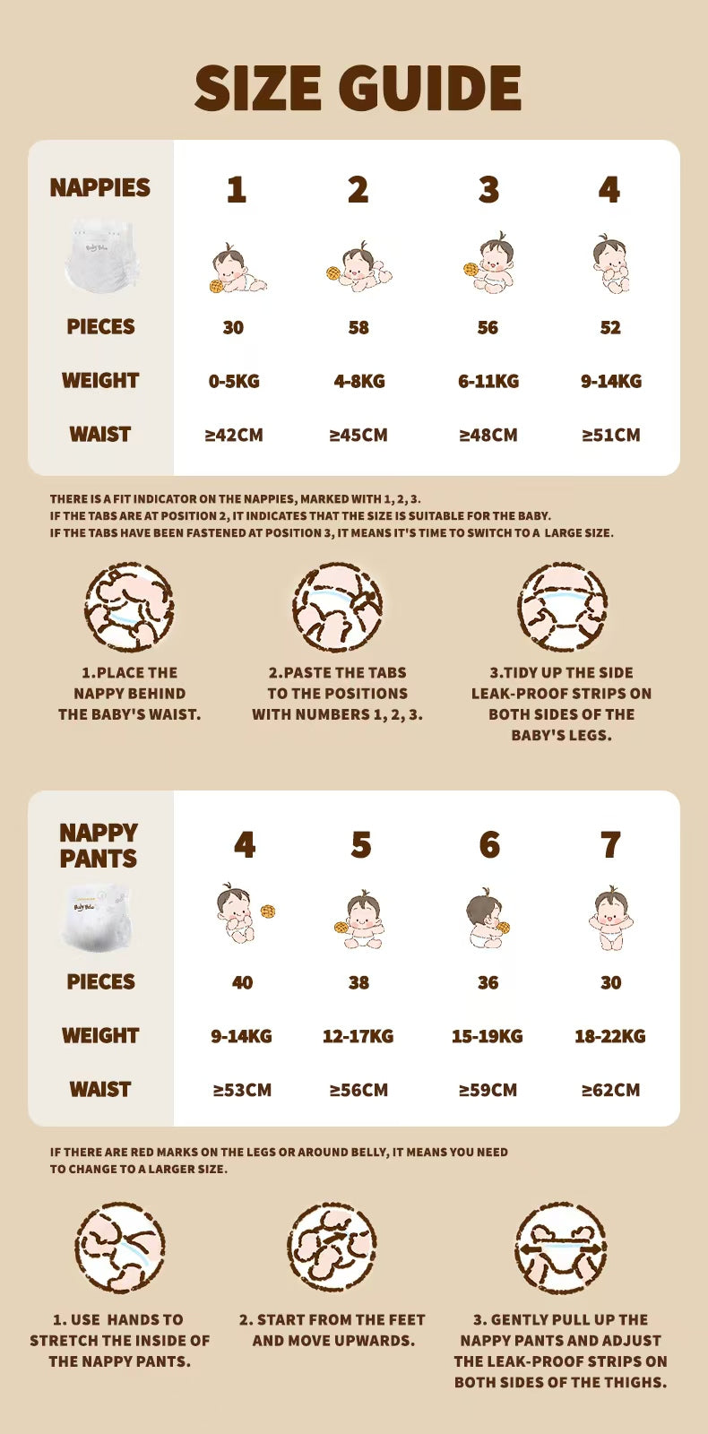 Bowwloo size and wear guide showing nappy and nappy pant sizes and how to put them on