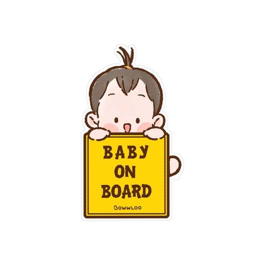 Bowwloo Baby on Board removable car window sticker, Classic yellow design with Baby Bolo peeking over the sign