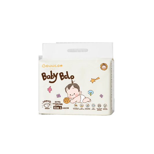 Pack of Baby Bolo diapers with a cartoon baby on the packaging.